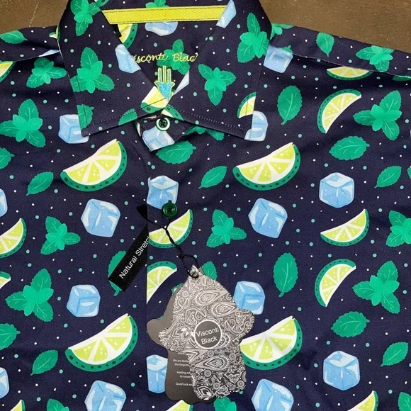 Visconti Black Short Sleeve Button Navy Blue Lime NWT Men’s Medium Shirt - Picture 4 of 7